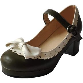 ELFY Women's Cute Lolita Cosplay Shoes Bow Mid Chunky Heel Mary Jane Pumps