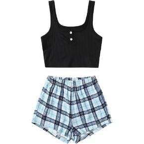 Verdusa Women's 2 Piece Outfits Crop Tank Top and Plaid Shorts Cute Loungewear Pajama Set