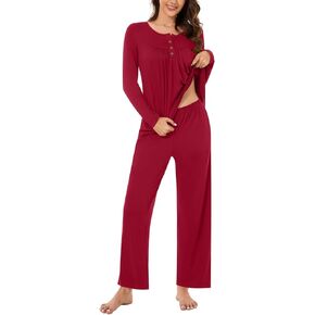 Bestbee Womens Pajama Set Plus Size, 2 Piece Lounge Outfits Pleated Y2K Sleep Set Long Sleeve Long Pant With Pockets Ladies Pjs Set, 3XL, Red