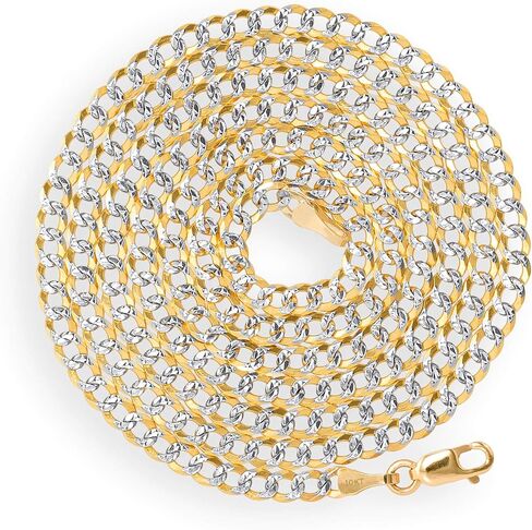 Nuragold 10k Yellow Gold Solid 3mm Cuban Chain Curb Link Diamond Cut Pave Two Tone Pendant Necklace, Mens Womens Jewelry 16" 18" 20" 22" 24" 26" 28" 30" in Kuwait