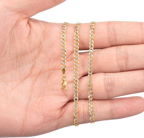 Nuragold 10k Yellow Gold Solid 3mm Cuban Chain Curb Link Diamond Cut Pave Two Tone Pendant Necklace, Mens Womens Jewelry 16" 18" 20" 22" 24" 26" 28" 30" in Kuwait