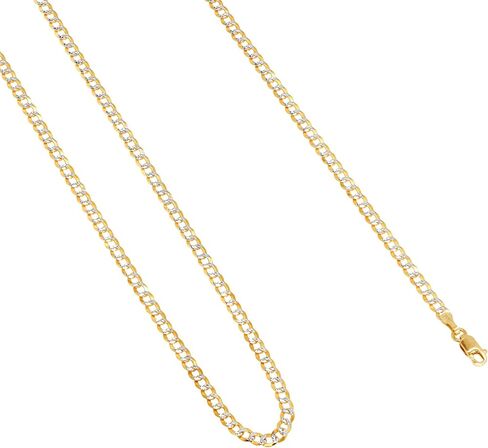 Nuragold 10k Yellow Gold Solid 3mm Cuban Chain Curb Link Diamond Cut Pave Two Tone Pendant Necklace, Mens Womens Jewelry 16" 18" 20" 22" 24" 26" 28" 30" in Kuwait