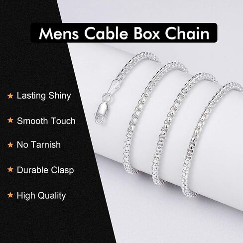 GLIJWELE 925 Sterling Silver Clasp Cable Box Chain for Men Women, 2mm/2.5mm/3mm Silver Chain for Men Women Silver Chain Necklace 16,18,20, 22, 24,26,30 Inch in Kuwait