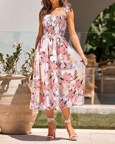 فساتين الصيف النسائية من PRETTYGARDEN لعام 2023 برباط رباط ورقبة مربعة مكشكشة ومتدفقة ومطبوعة بالورود فستان طويل بوهو لحفلات الكوكتيل in Kuwait