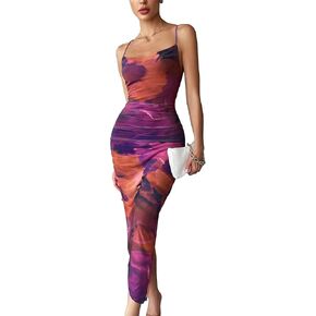GORGLITTER Women's Tie Dye Draped Cami Dress Backless Split Thigh Bodycon Midi Dress