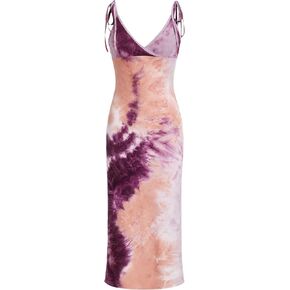 WDIRARA Women's Tie Dye Y2K Vintage Split Spaghetti Bodycon Dress E-Girl Aesthetic Grunge Dress