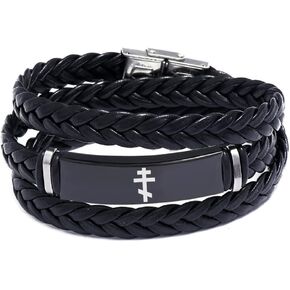 سوار KBNSUIAN متعدد الطبقات من الجلد بثلاثة عوارض متقاطعة روسية أرثوذكسية متقاطعة، سوار مسيحي أرثوذكسي شرقي، مجوهرات حماية يسوع المسيح الكاثوليكية لمعمودية الكنيسة in Kuwait