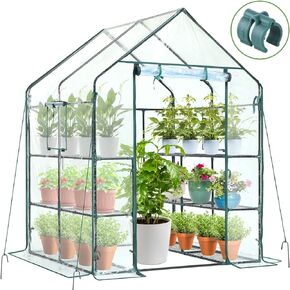 Greenhouse for Outdoors with Screen Windows, Ohuhu Walk in Plant Greenhouses Heavy Duty with Durable PE Cover, 3 Tiers 12 Shelves Stands 4.8x4.8x6.3 FT Plastic Portable Green House with Shelf Clips