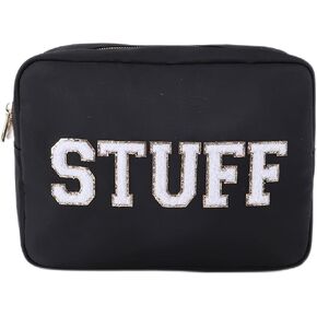 SkyTen Chenille Letter Make Up Bag Nylon Cosmetic Case Stuff Glam Stoney Clover Dupe Travel Organizer (Black, XL)