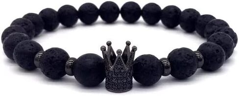 HnM Imperial Crown Beaded Bracelet for Men / Women (Black Natural Beads Lava Rock QUEEN KING Charm with Stone) Royal Luxury CZ Braided Copper Cubic Zirconium, One Size Fits All in Saudi Arabia