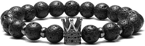 HnM Imperial Crown Beaded Bracelet for Men / Women (Black Natural Beads Lava Rock QUEEN KING Charm with Stone) Royal Luxury CZ Braided Copper Cubic Zirconium, One Size Fits All in Saudi Arabia