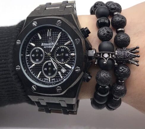 HnM Imperial Crown Beaded Bracelet for Men / Women (Black Natural Beads Lava Rock QUEEN KING Charm with Stone) Royal Luxury CZ Braided Copper Cubic Zirconium, One Size Fits All in Saudi Arabia