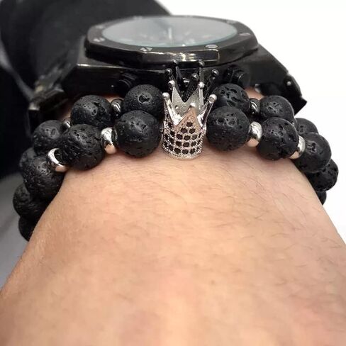 HnM Imperial Crown Beaded Bracelet for Men / Women (Black Natural Beads Lava Rock QUEEN KING Charm with Stone) Royal Luxury CZ Braided Copper Cubic Zirconium, One Size Fits All in Saudi Arabia