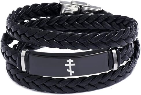 سوار KBNSUIAN متعدد الطبقات من الجلد بثلاثة عوارض متقاطعة روسية أرثوذكسية متقاطعة، سوار مسيحي أرثوذكسي شرقي، مجوهرات حماية يسوع المسيح الكاثوليكية لمعمودية الكنيسة in Kuwait