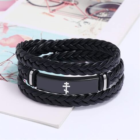 سوار KBNSUIAN متعدد الطبقات من الجلد بثلاثة عوارض متقاطعة روسية أرثوذكسية متقاطعة، سوار مسيحي أرثوذكسي شرقي، مجوهرات حماية يسوع المسيح الكاثوليكية لمعمودية الكنيسة in Kuwait