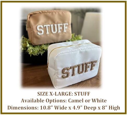 حقيبة مكياج SkyTen Chenille Letter من النايلون حقيبة مستحضرات التجميل Stuff Glam Stoney Clover Dupe منظم السفر (أبيض، كبير) in Kuwait