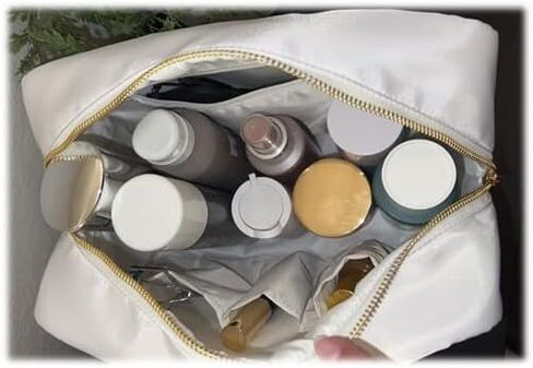 حقيبة مكياج SkyTen Chenille Letter من النايلون حقيبة مستحضرات التجميل Stuff Glam Stoney Clover Dupe منظم السفر (أبيض، كبير) in Kuwait