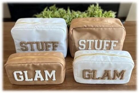 حقيبة مكياج SkyTen Chenille Letter من النايلون حقيبة مستحضرات التجميل Stuff Glam Stoney Clover Dupe منظم السفر (أبيض، كبير) in Kuwait