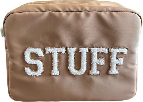 حقيبة مكياج SkyTen Chenille Letter من النايلون حقيبة مستحضرات التجميل Stuff Glam Stoney Clover Dupe منظم السفر (أبيض، كبير) in Kuwait
