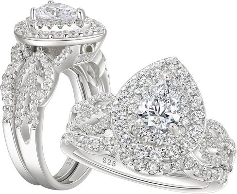 SHELOVES قطع الكمثرى خواتم الزفاف مجموعات للمرأة هالو 5A تشيكوسلوفاكيا مجموعات الزفاف 925 فضة خواتم الخطبة Sz 5-10 in Kuwait