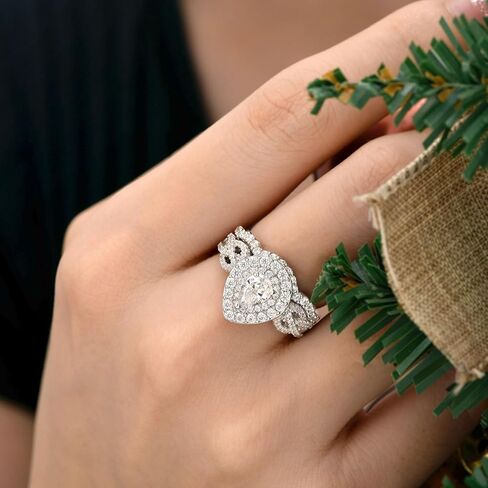 SHELOVES قطع الكمثرى خواتم الزفاف مجموعات للمرأة هالو 5A تشيكوسلوفاكيا مجموعات الزفاف 925 فضة خواتم الخطبة Sz 5-10 in Kuwait