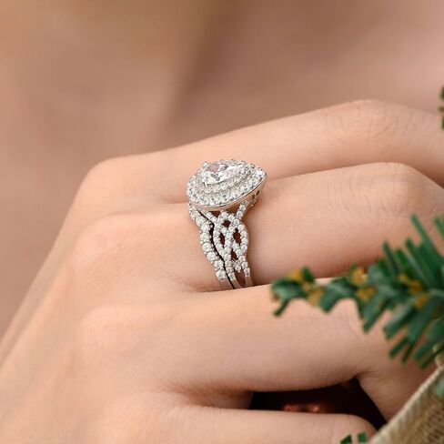 SHELOVES قطع الكمثرى خواتم الزفاف مجموعات للمرأة هالو 5A تشيكوسلوفاكيا مجموعات الزفاف 925 فضة خواتم الخطبة Sz 5-10 in Kuwait