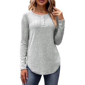 Danedvi Womens Long Sleeve Tunic Tops Casual Button Henley Shirts Lightweight Ribbed Knit Curved Hem Tees Pullover