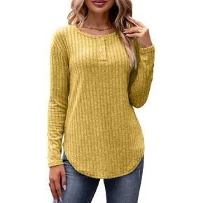 Danedvi Womens Long Sleeve Tunic Tops Casual Button Henley Shirts Lightweight Ribbed Knit Curved Hem Tees Pullover