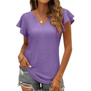 Women's Summer Casual Tops Ruffle Sleeve Blouse V Neck Solid Cute Tunic Shirt
