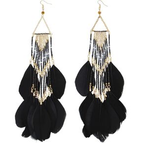 Women Faux Feather Earrings Bohemian Seed Beaded Earrings with Feather Tassel for Women in Kuwait
