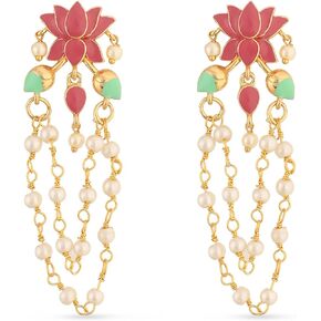 Tarinika Gold and Enamel Plating Jalaja Layered Pearl Hanging Drop Earrings with Floral Design - Indian Earrings for Women and Girls Perfect for Casual Occasions | Traditional Indian Jewelry for Women | 1 Year Warranty* in Saudi Arabia