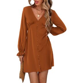 Amoretu Women's Summer Dresses Long Sleeve V Neck Button Down Party Short Dress in Saudi Arabia