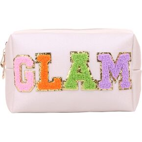 CRUOXIBB Preppy Patch Cosmetic Toiletry Bag for Women SKIN Letters PU Leather Portable Makeup Bag Zipper Pouch Storage Purse Waterproof Organizer for Travel (STUFF)