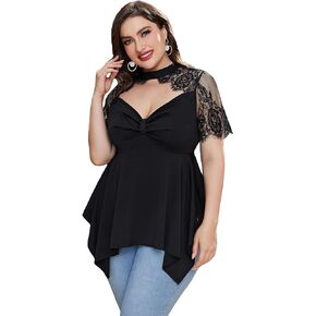 OYOANGLE Women's Plus Size Choker Neck Lace Mesh Asymmetrical Hem Tee Tops Elegant Short Sleeve Blouse in Kuwait