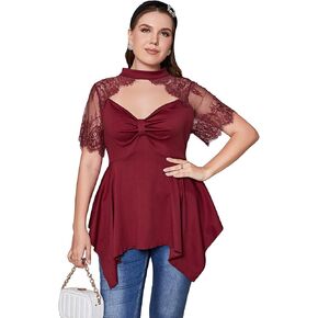OYOANGLE Women's Plus Size Choker Neck Lace Mesh Asymmetrical Hem Tee Tops Elegant Short Sleeve Blouse