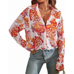 Prettywear بلوزات على الموضة النسائية 2023 قمصان كبيرة الحجم بأزرار للأسفل ورقبة على شكل V مطبوعة وأكمام طويلة بلوزات عمل أنيقة غير رسمية in Kuwait