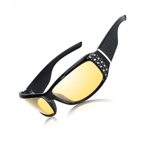 LVIOE Polarized Night Driving Glasses for Women Anti Glare Yellow Lens Rhinestones Trendy Night Vision Glasses LN010
