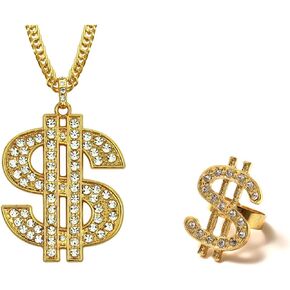 Soyzvteo Dollar Sign Necklace 80s 90s Hip Hop Money Dollar Necklace Dollar Sign Adjustable Ring Iced Out Rhinestone Gold Chain Dollar Necklace for Women Men Bar Party Jewelry