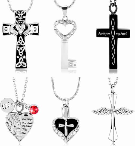 kkuyt 6 قطع قلادة جرة للرماد، مجوهرات حرق الجثث، الكريستال رماد قلادة القلب الصليب مكعب جرة الفولاذ المقاوم للصدأ قلادة تذكار للنساء الرجال أمي قلادة المجوهرات in Kuwait