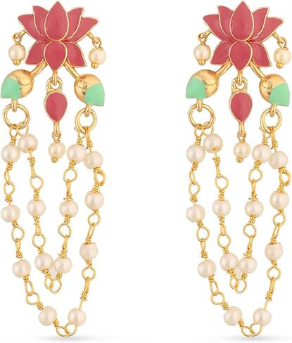 Tarinika Gold and Enamel Plating Jalaja Layered Pearl Hanging Drop Earrings with Floral Design - Indian Earrings for Women and Girls Perfect for Casual Occasions | Traditional Indian Jewelry for Women | 1 Year Warranty* in Saudi Arabia