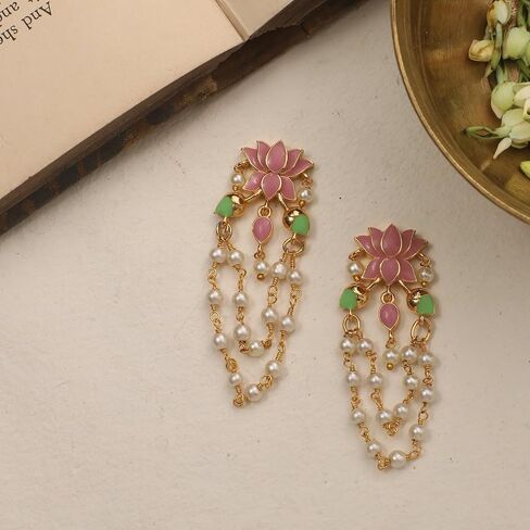 Tarinika Gold and Enamel Plating Jalaja Layered Pearl Hanging Drop Earrings with Floral Design - Indian Earrings for Women and Girls Perfect for Casual Occasions | Traditional Indian Jewelry for Women | 1 Year Warranty* in Saudi Arabia