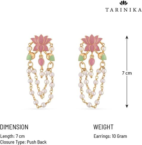 Tarinika Gold and Enamel Plating Jalaja Layered Pearl Hanging Drop Earrings with Floral Design - Indian Earrings for Women and Girls Perfect for Casual Occasions | Traditional Indian Jewelry for Women | 1 Year Warranty* in Saudi Arabia