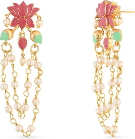 Tarinika Gold and Enamel Plating Jalaja Layered Pearl Hanging Drop Earrings with Floral Design - Indian Earrings for Women and Girls Perfect for Casual Occasions | Traditional Indian Jewelry for Women | 1 Year Warranty* in Saudi Arabia