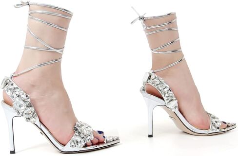 صنادل XOBZJH مدببة مفتوحة عند الأصابع مثيرة، فستان رسمي من حجر الراين بكعب شفاف للنساء لحفلات الزفاف، والحفلات، والسهرات، أحذية فاخرة لامعة in Kuwait