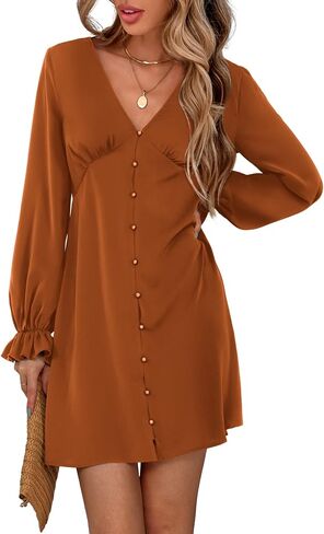Amoretu Women's Summer Dresses Long Sleeve V Neck Button Down Party Short Dress in Saudi Arabia