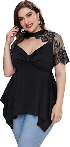 OYOANGLE Women's Plus Size Choker Neck Lace Mesh Asymmetrical Hem Tee Tops Elegant Short Sleeve Blouse in Kuwait