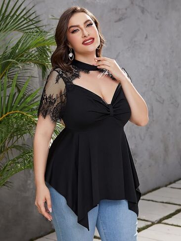 OYOANGLE Women's Plus Size Choker Neck Lace Mesh Asymmetrical Hem Tee Tops Elegant Short Sleeve Blouse in Kuwait