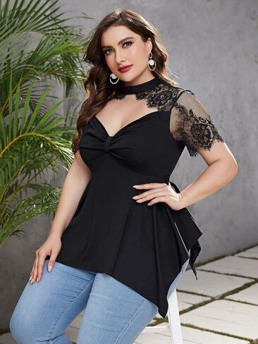 OYOANGLE Women's Plus Size Choker Neck Lace Mesh Asymmetrical Hem Tee Tops Elegant Short Sleeve Blouse in Kuwait
