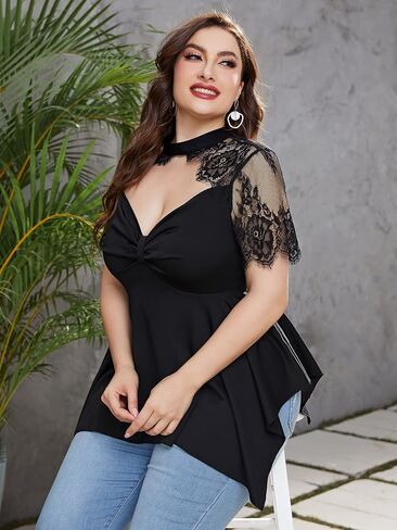 OYOANGLE Women's Plus Size Choker Neck Lace Mesh Asymmetrical Hem Tee Tops Elegant Short Sleeve Blouse in Kuwait