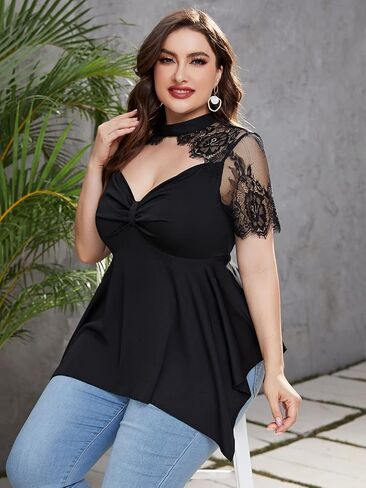 OYOANGLE Women's Plus Size Choker Neck Lace Mesh Asymmetrical Hem Tee Tops Elegant Short Sleeve Blouse in Kuwait